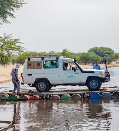 Land Cruiser on a raft in Chad