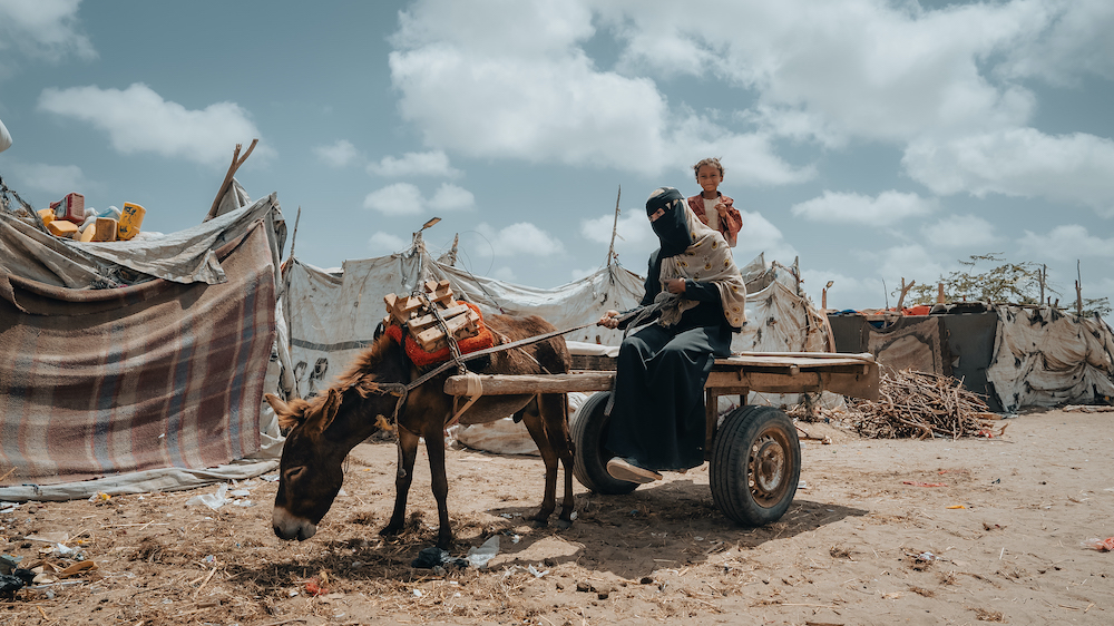 A mother and her children arrive on their donkey cart to collect a cholera kit from Concern. (Photo: Ammar Khalaf/Concern Worldwide)