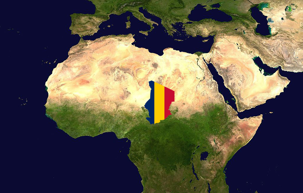 Map of Northern Africa, with Chad highlighted in the colors of its flag