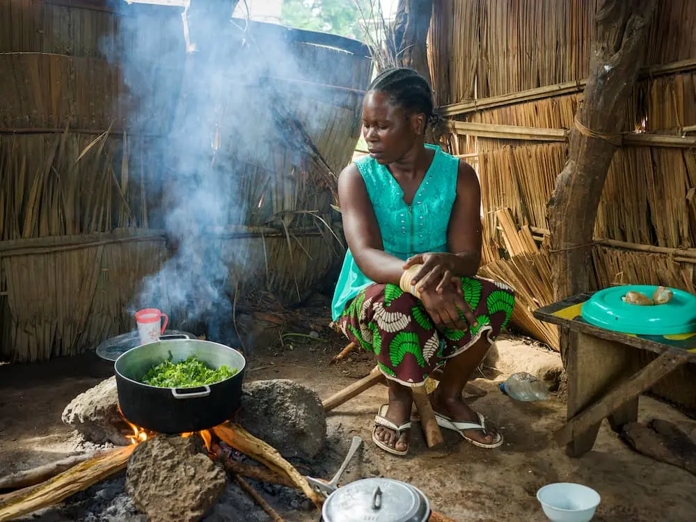 Woman cooking meal in kitchen