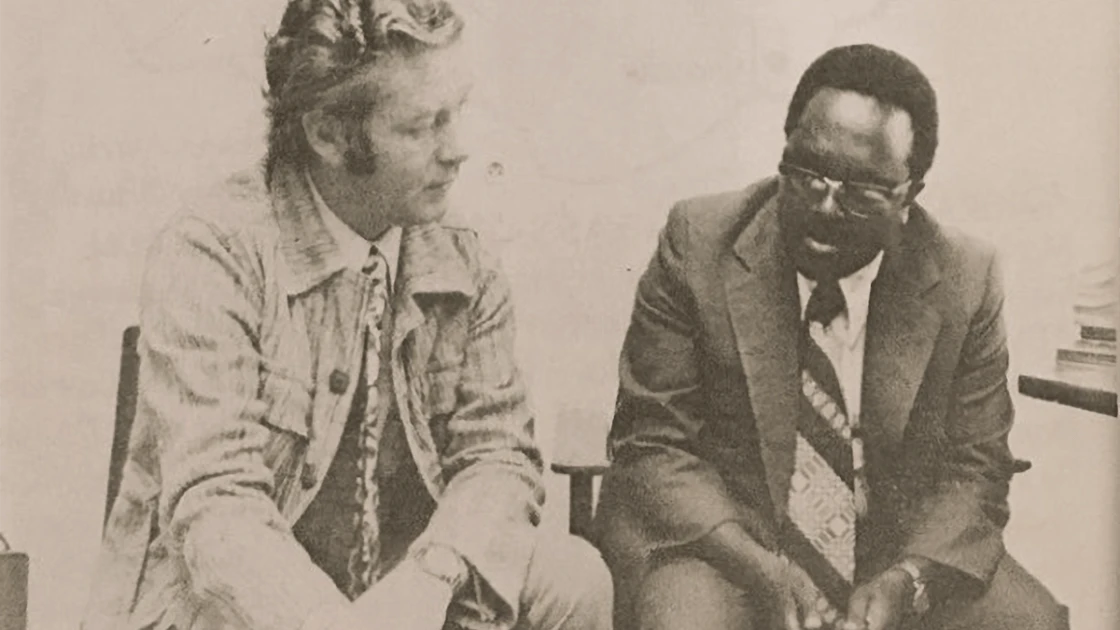 Fr. Jack Finucane discusses the drought in Ethiopia with the country's Chief Commissioner for Relief and Rehabilitation, Ato Shimelis Adugna, 1974