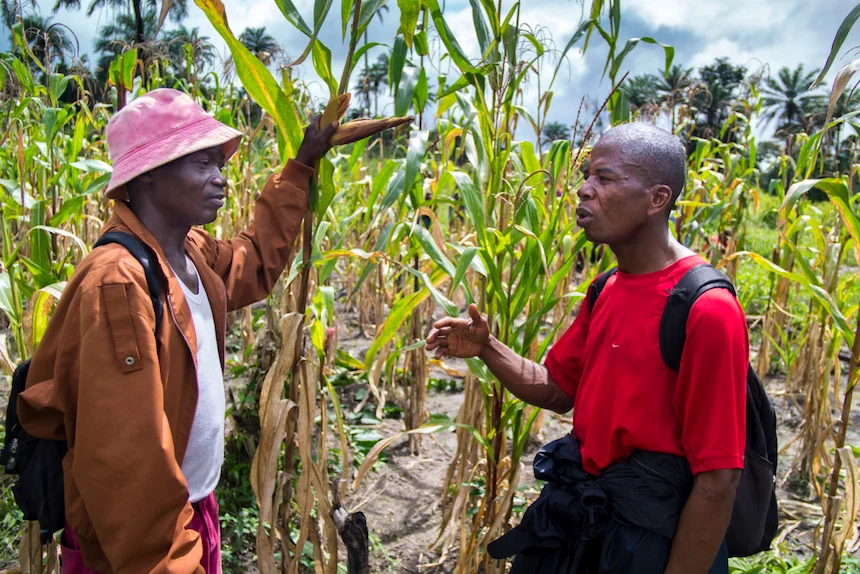 Two men discuss crops in Liberia