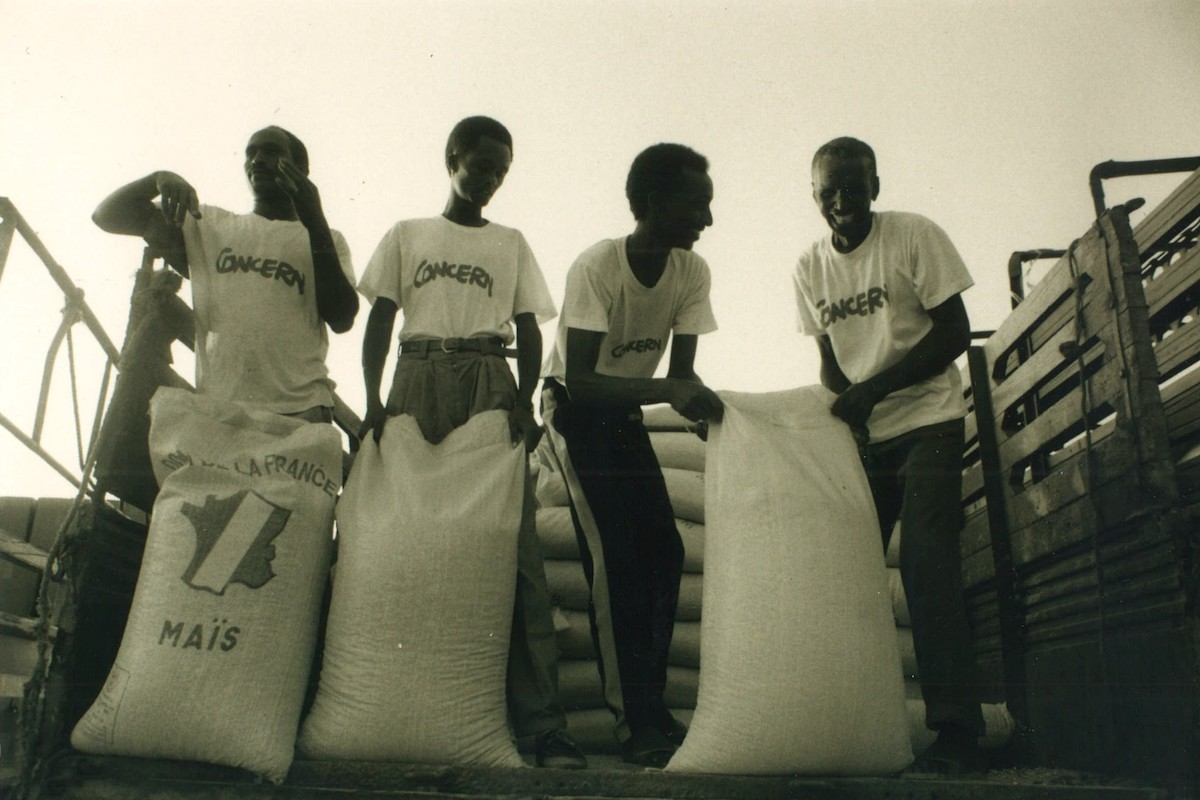 An emergency food assistance distribution in Rwanda, 1995.