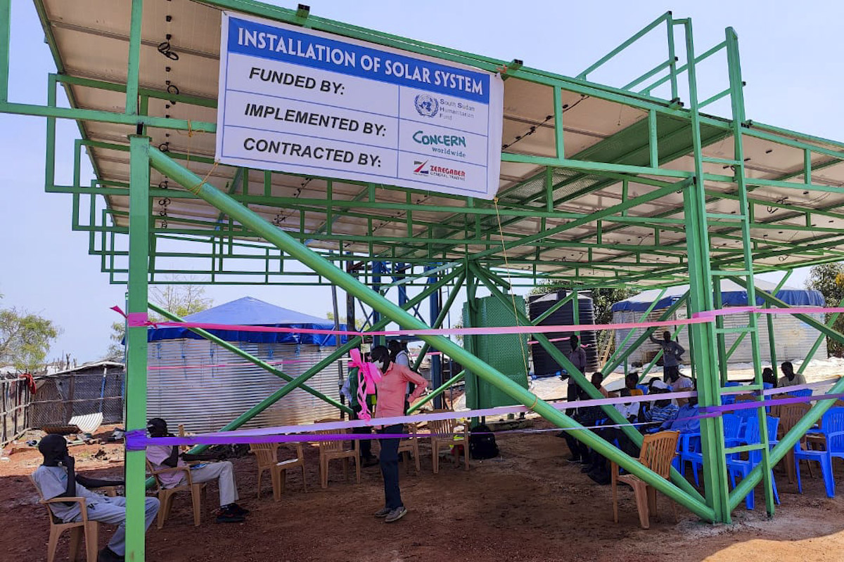 The borehole for water supply in Sector-5 of Bentiu IDP site has been converted to a hybrid solar powered system. Previously it used to run on fossil fuel. (Photo: Concern Worldwide)