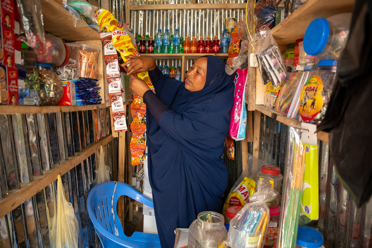 Nuurto* (34) is a mother of five children and a shop owner in Karan district, Somalia. She sells various types of foods and household necessities. (Photo: Mustafa Saeed/Concern Worldwide)