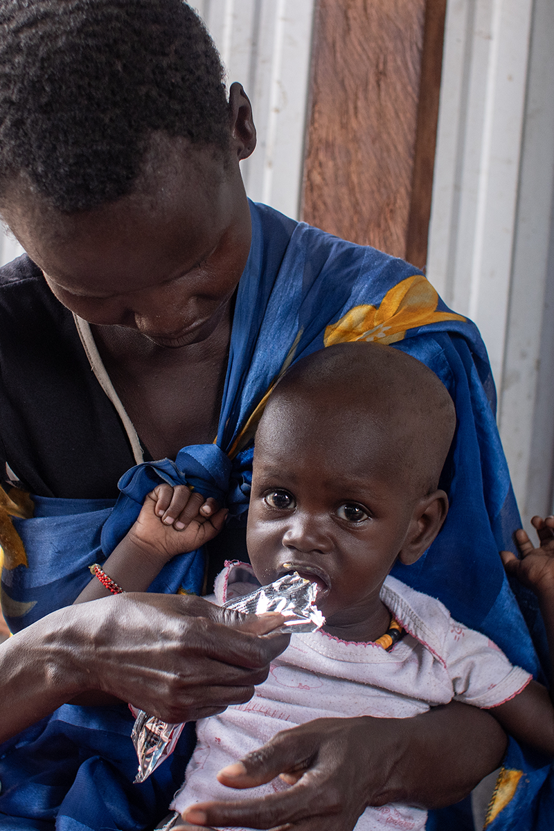 Baby Nyayuach receives therapeutic food at a Concern nutrition center in South Sudan.