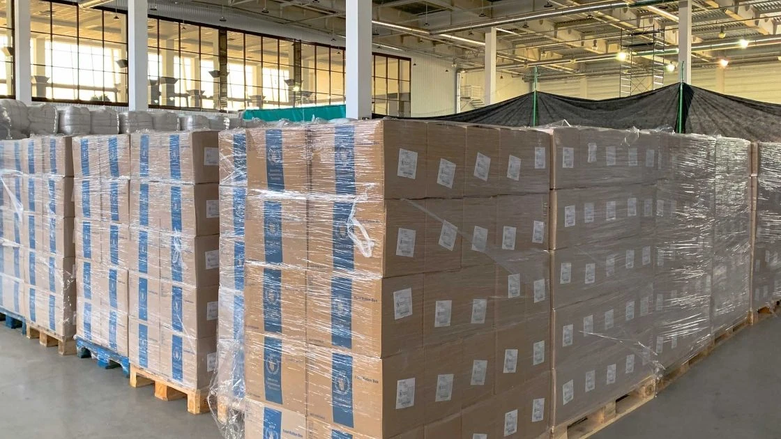 Food rations are stored in a convention center in Zaporizhzhia, Ukraine. (Photo: Olivia Marlowe / Concern Worldwide)