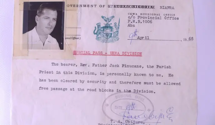 Picture of movement permit for Biafra with photo of Fr. Jack Finucane SSP Picture of movement permit for Biafra with photo of Fr. Jack Finucane SSP