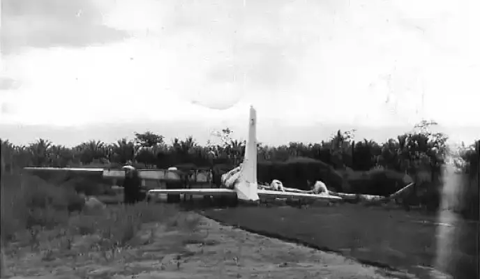 A damaged aircraft at the airstrip in Uli